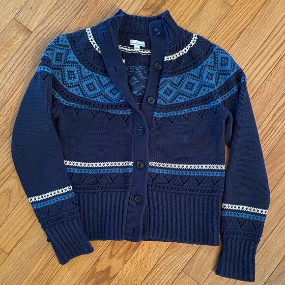 Small LL Bean Women's Signature 100% Cotton Fisherman Cardigan Fair Isle Navy - Picture 1 of 8